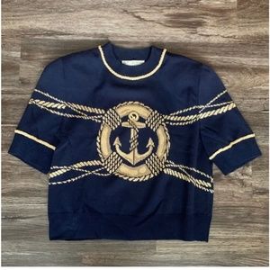 ST JOHN Navy Blue Nautical Short Sleeve Pullover Crop Sweater Sz M